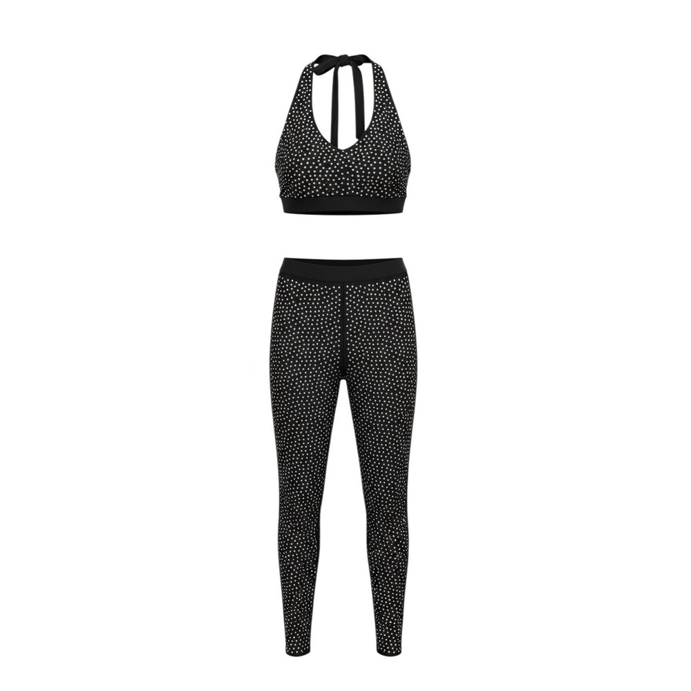 Hot & Delicious 2 Piece Set Womens Large Black Rhinestone Halter Top Leggings